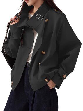 Women's Black Cropped Trench Coat Vintage Front Button Jacket with Pockets